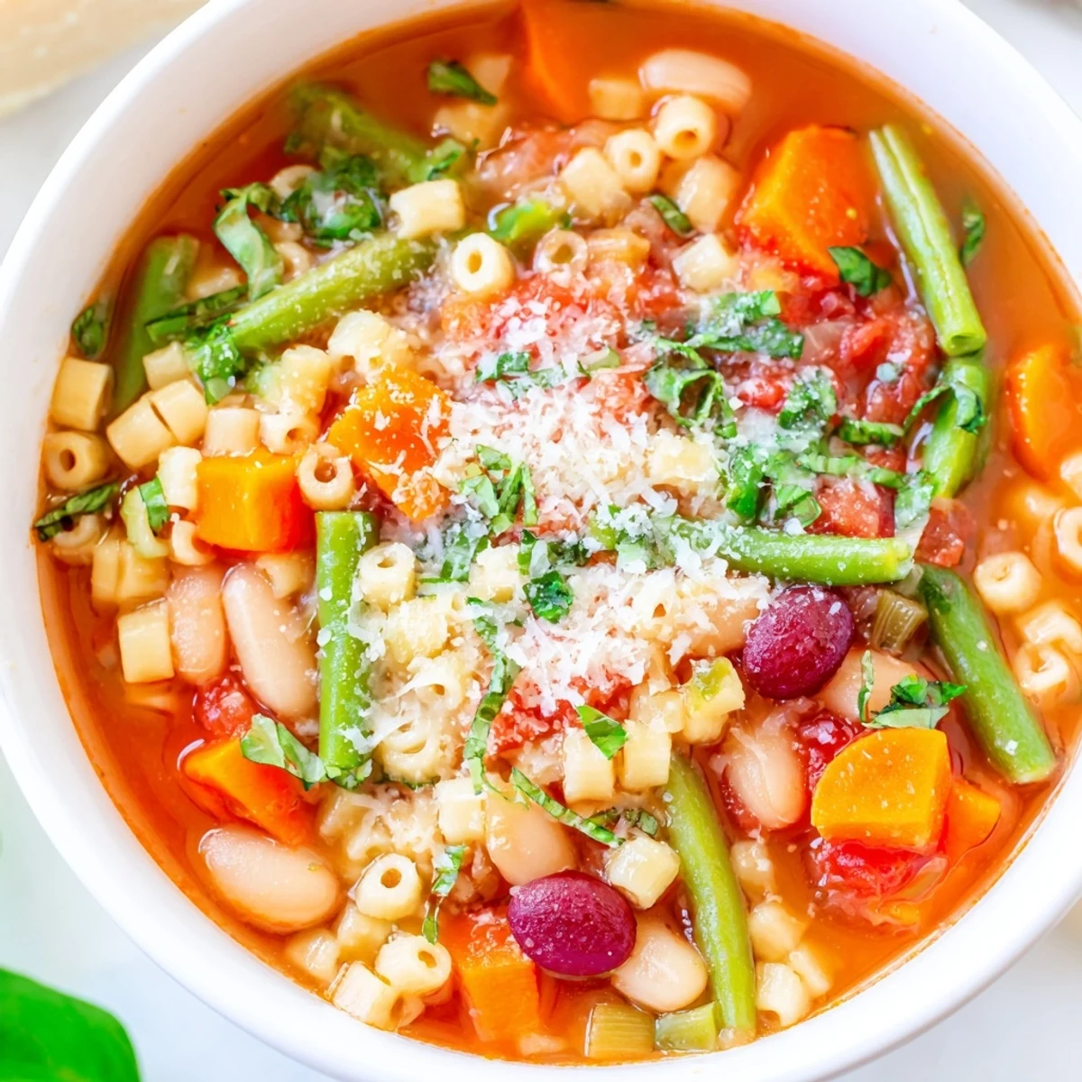 Steaming bowl of Tomato Basil Minestrone, a comforting Italian soup with fresh basil and pasta.