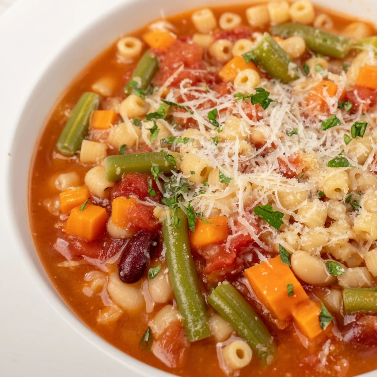 Vibrant image of Tomato Basil Minestrone, showcasing the rich tomato broth and fresh vegetables.