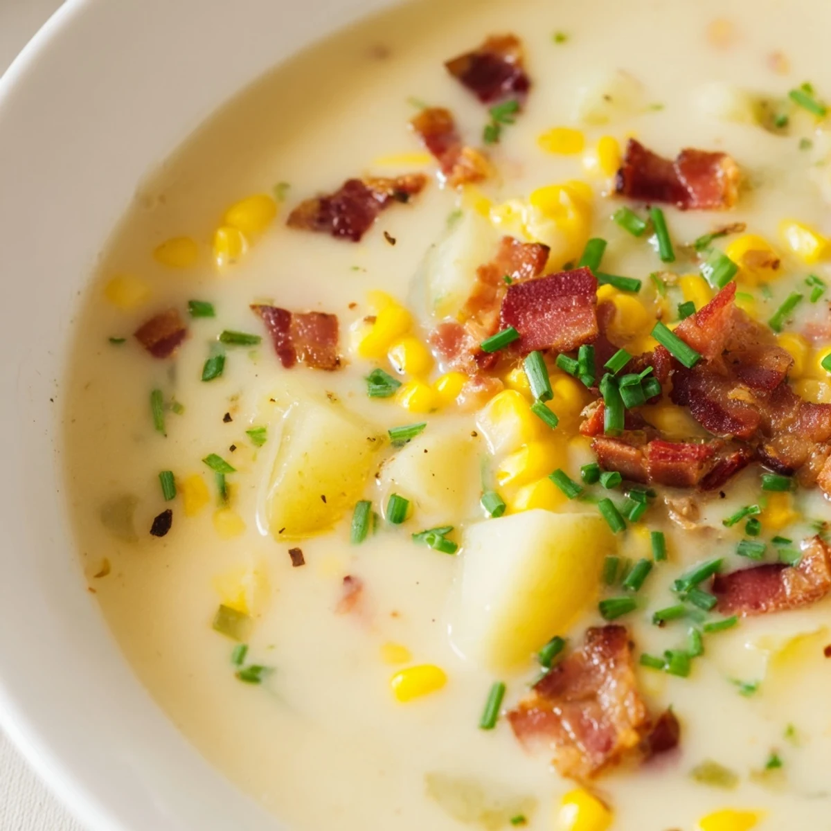 Steaming bowl of delicious Corn Chowder Soup, garnished with crispy bacon and fresh chives, ready to eat.