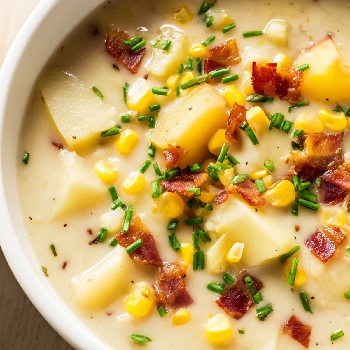 A visually appealing close-up of Corn Chowder Soup, creamy texture with visible corn kernels and potatoes.