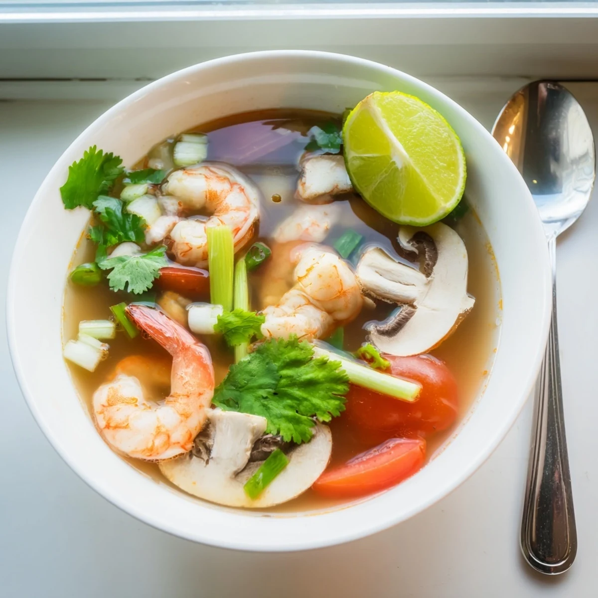 Steaming bowl of Spicy Tom Yum Soup, fragrant and filled with shrimp and fresh herbs.