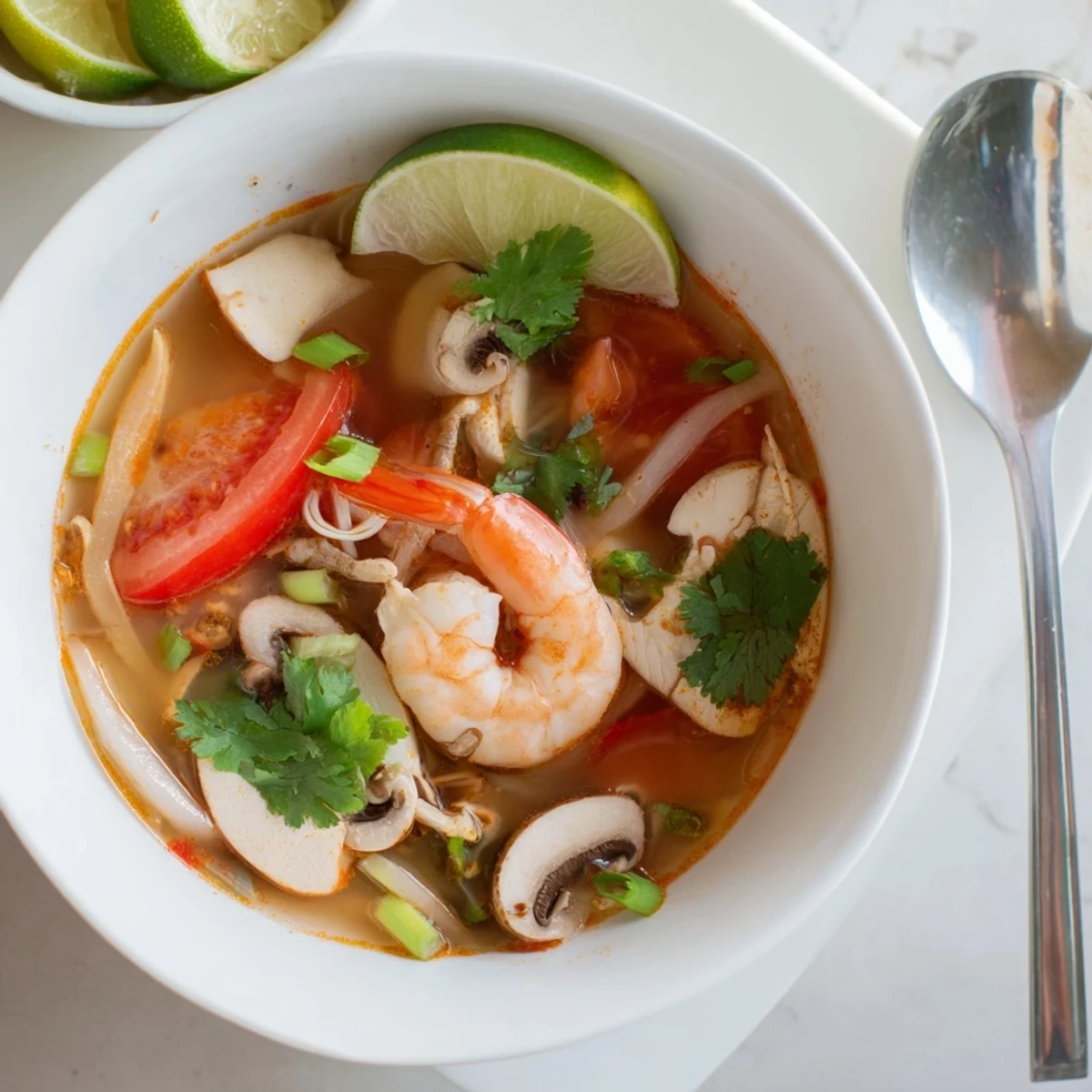 A close-up view of Spicy Tom Yum Soup, garnished with green onions and fresh cilantro.