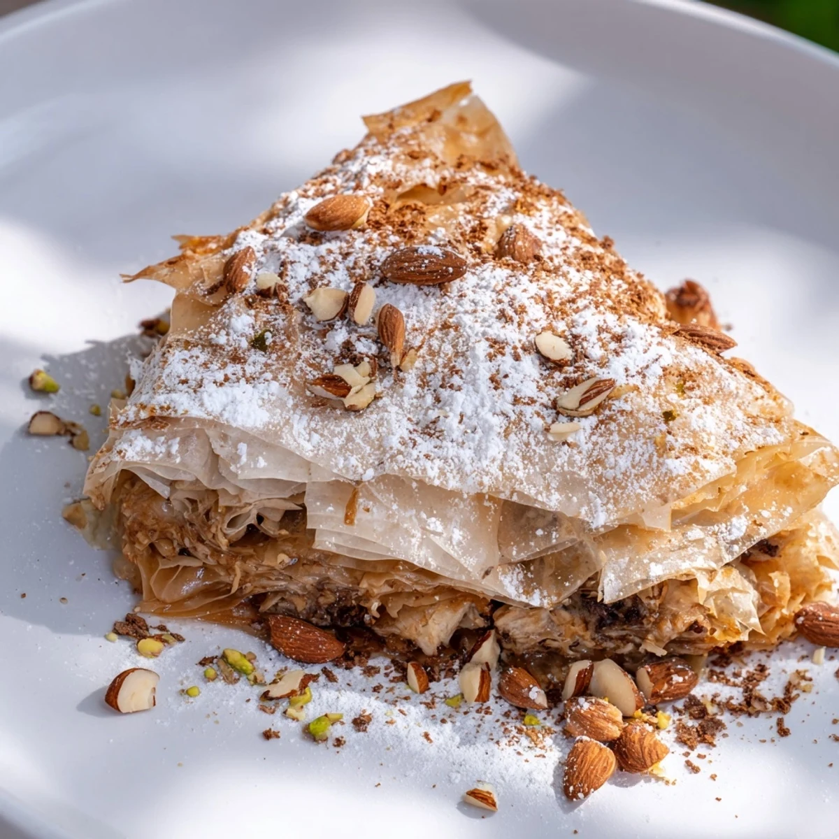 Golden, flaky Moroccan Pastilla Pie, filled with savory spiced chicken and sweet dusting of cinnamon.