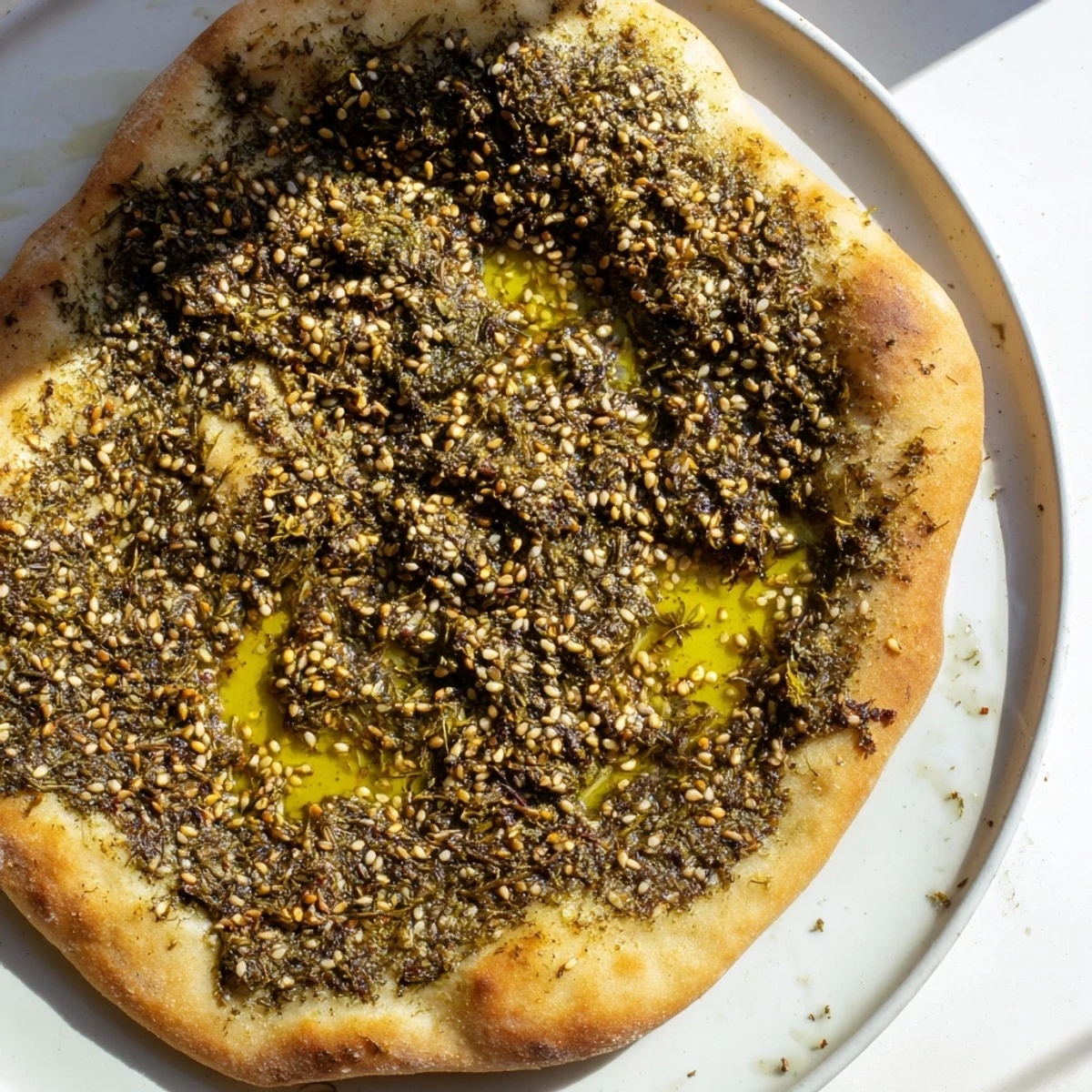 Golden Levantine Zaatar Bread, sprinkled with sesame seeds and herbs, ready to be baked to perfection.