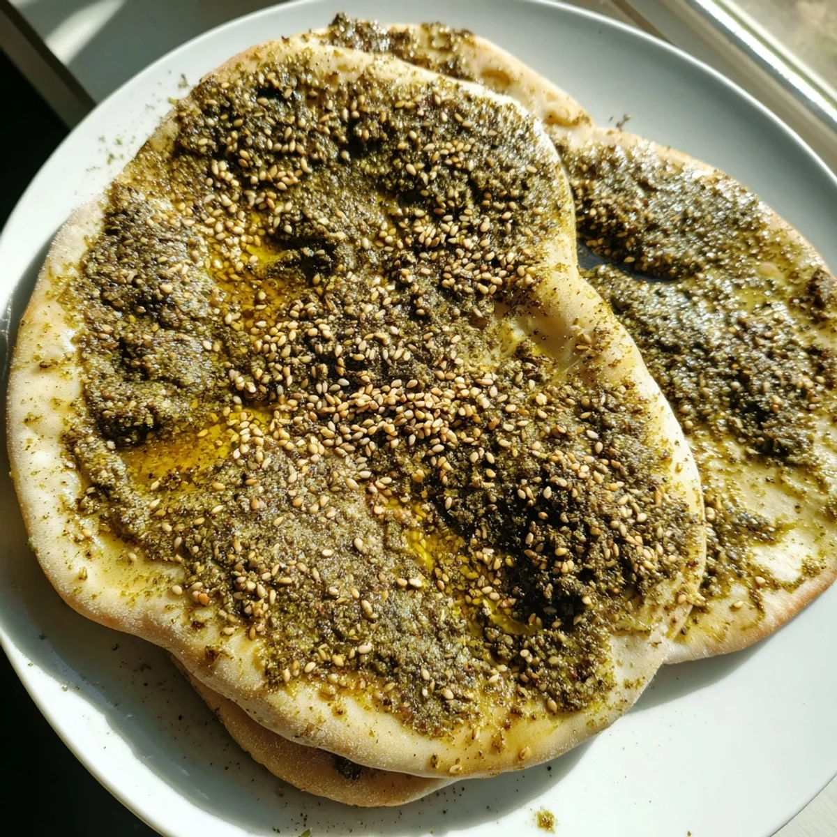 Savory Levantine Zaatar Bread with toasted sesame seeds, drizzled with olive oil, ready for a delicious lunch.