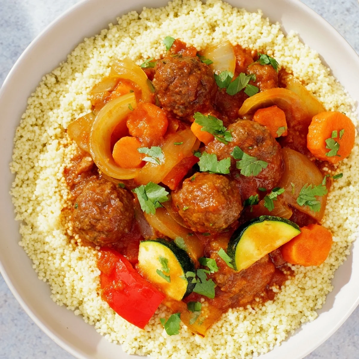 North African Couscous Kefta dish, featuring savory meatballs in a rich sauce atop fluffy couscous.