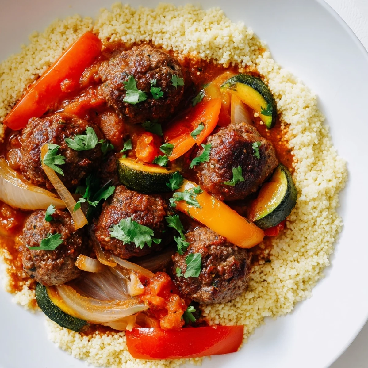 Indulge in a comforting North African Couscous Kefta plate with tender meatballs, vibrant sauce, and fluffy couscous.