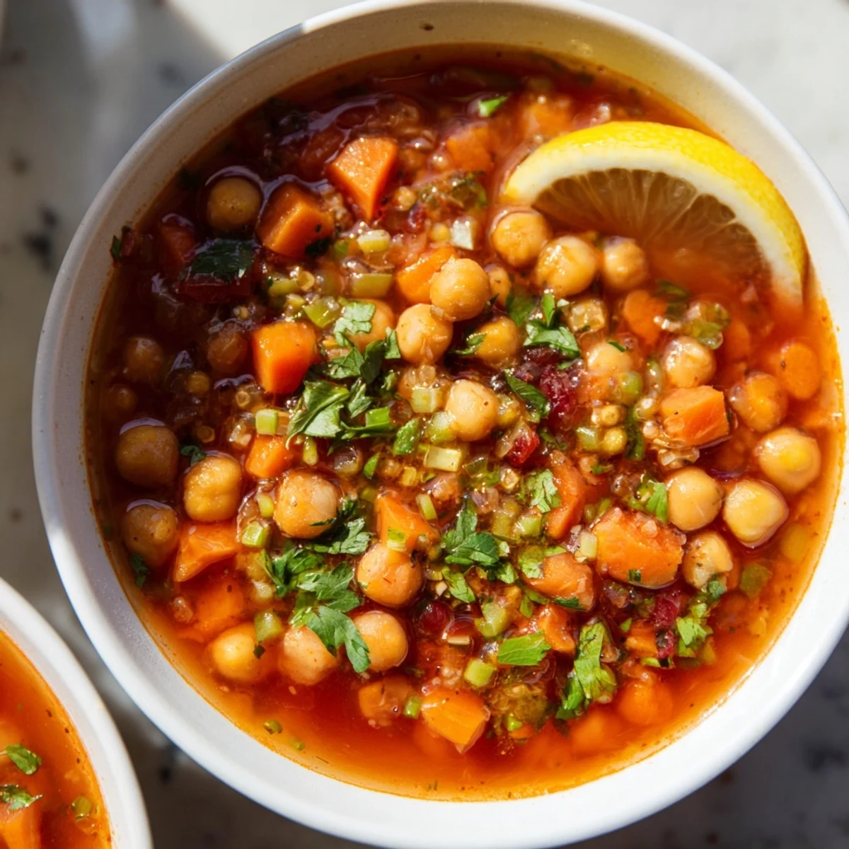 Steaming bowl of North African Harira Soup with vibrant herbs, ready to warm your soul.