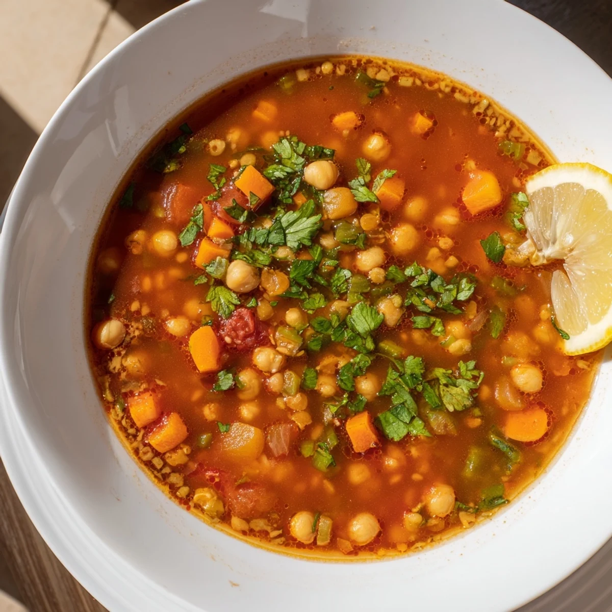 A delicious close-up showcases the rich spices and hearty vegetables in the Harira Soup.