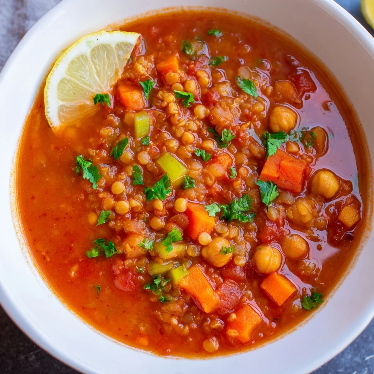 Enjoy a comforting serving of flavorful Harira Soup, packed with lentils and chickpeas.
