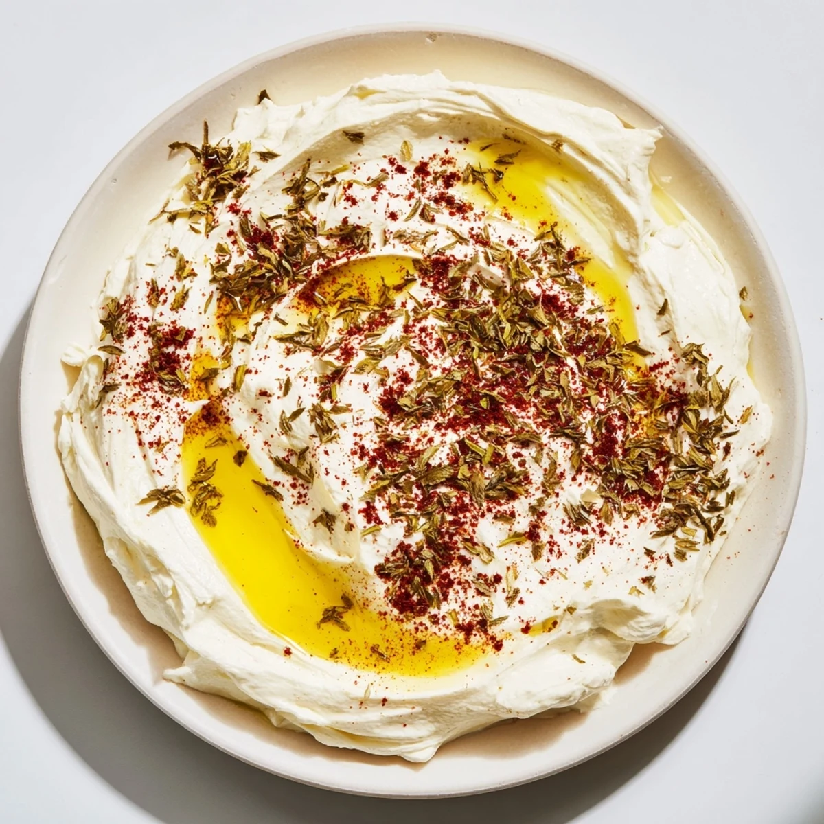 Homemade Levantine labneh cheese drizzled with olive oil, ready to be scooped up with pita.