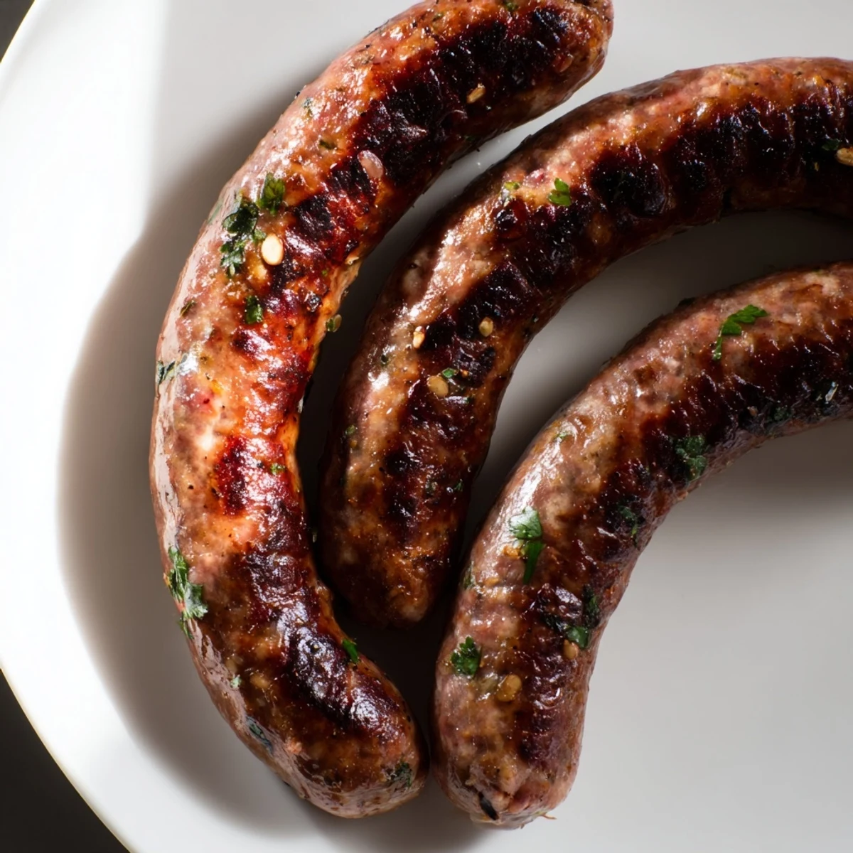 Sizzling grilled Tunisian Merguez sausage, with a vibrant red hue and herbs, ready to serve warm.