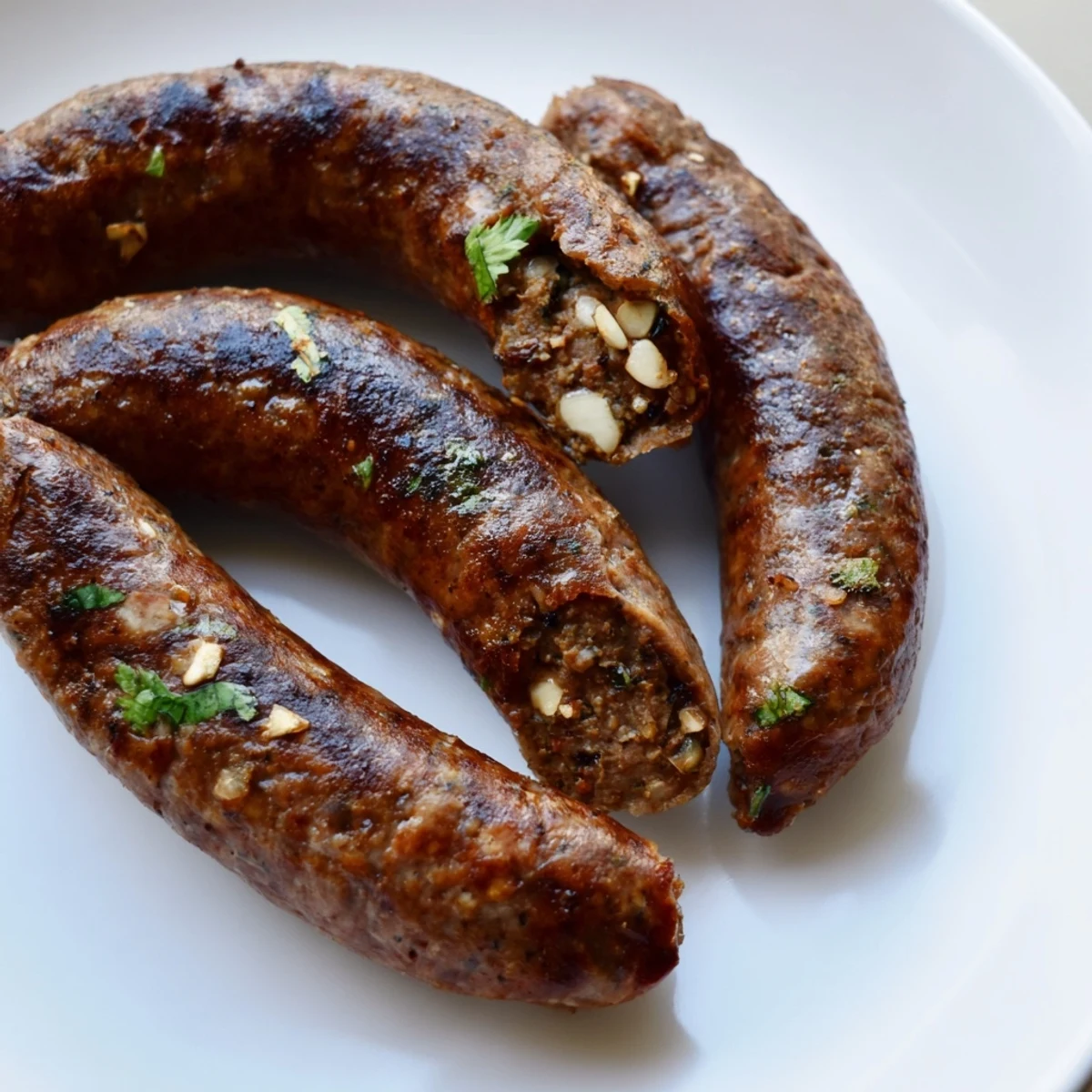 Close-up of freshly cooked Tunisian Merguez sausages, seasoned with fragrant spices, great for a savory meal.