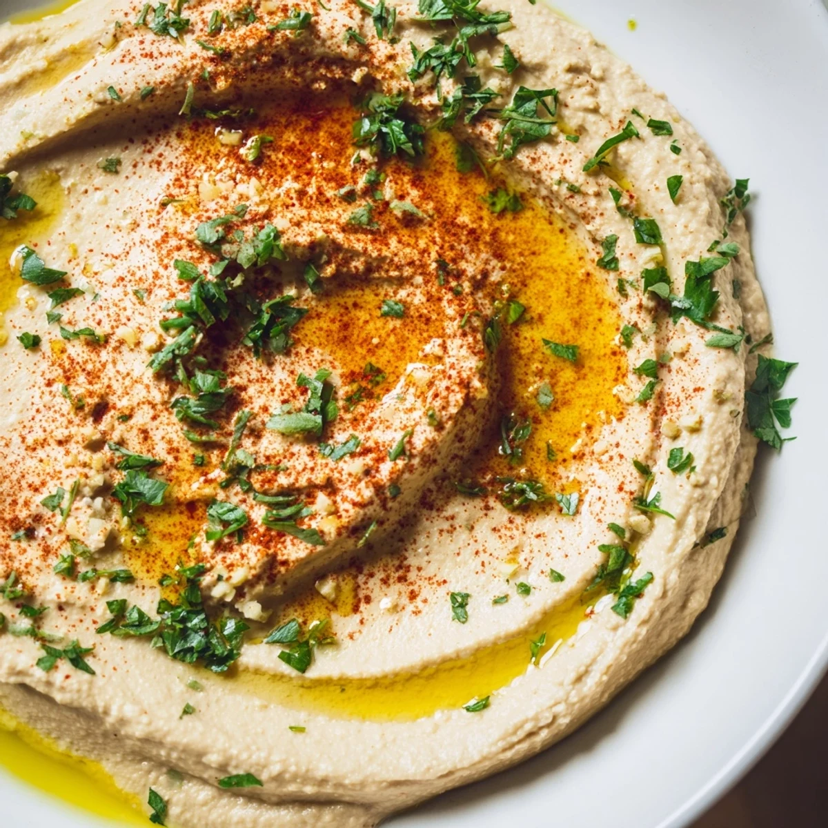 Creamy Levantine hummus plate drizzled with olive oil, ready to be scooped up with warm pita bread.
