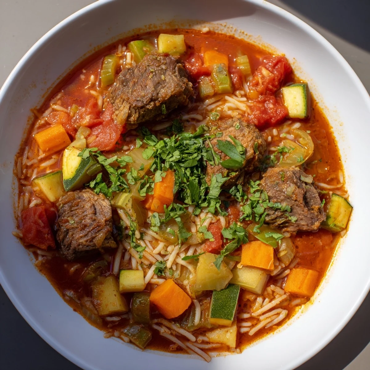 Steaming bowl of Algerian Chorba: a hearty soup with tender lamb and fresh herbs, ready to serve.