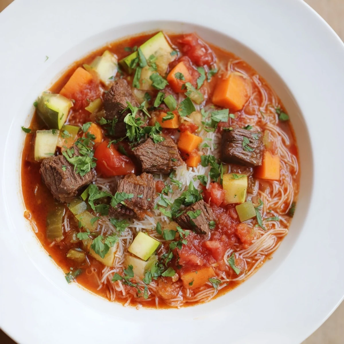 Close-up of Algerian Chorba featuring vibrant tomatoes, spices, and a garnish of fresh parsley for a flavorful meal.