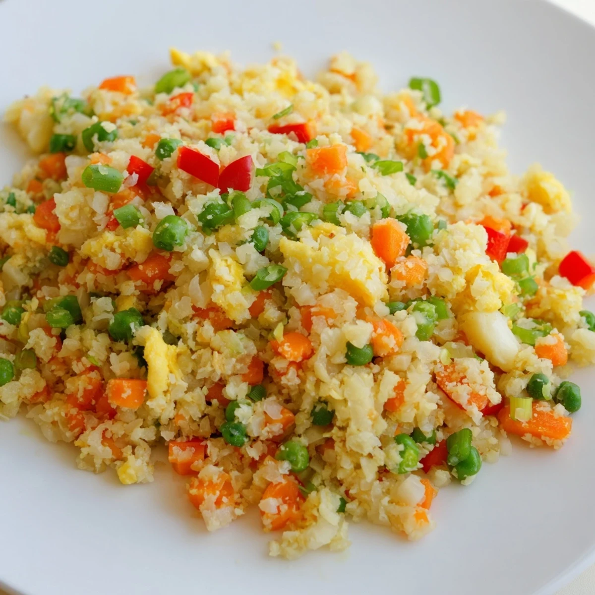 A colorful skillet of Cauliflower Fried Rice with scrambled eggs, peas, and diced bell peppers steaming gently.  