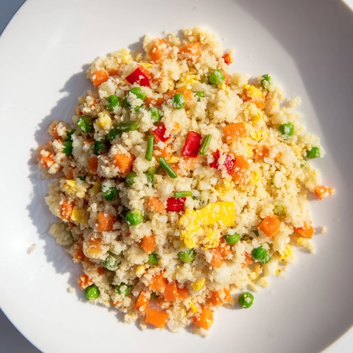 Hearty Cauliflower Fried Rice with tender vegetables and fluffy eggs, ready for a low-carb weeknight dinner.