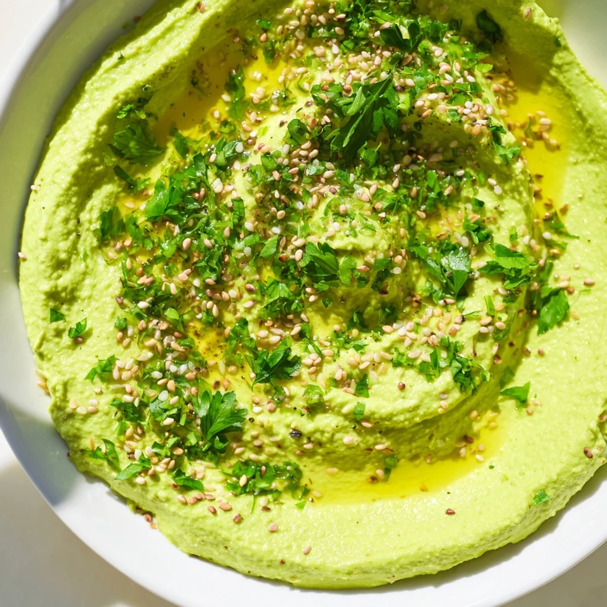 A vibrant bowl of Edamame Hummus with a smooth, pale green texture, garnished with olive oil and sesame seeds, next to colorful vegetable sticks for dipping.  