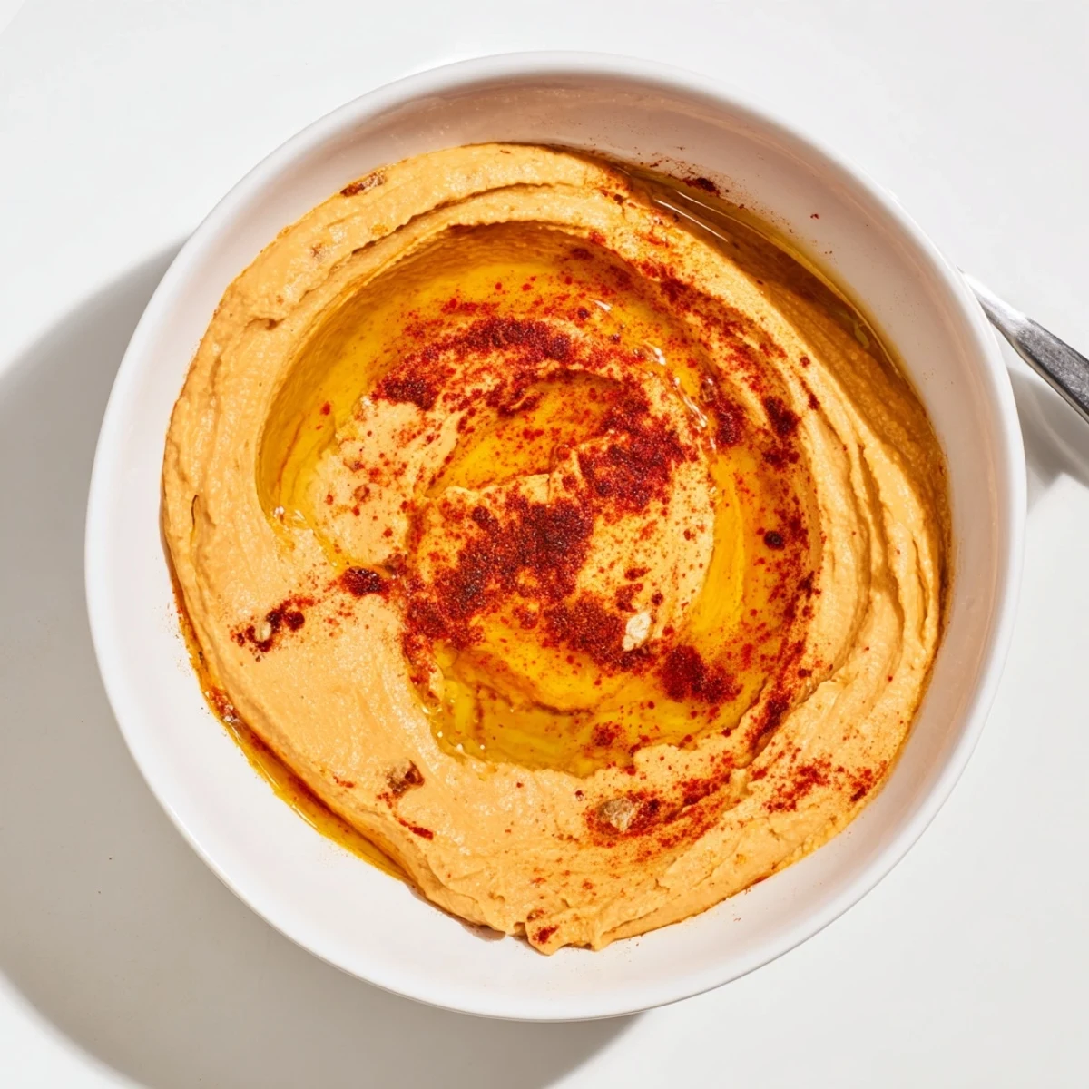 A close-up of creamy roasted red pepper hummus in a rustic bowl, drizzled with golden olive oil and garnished with paprika.  