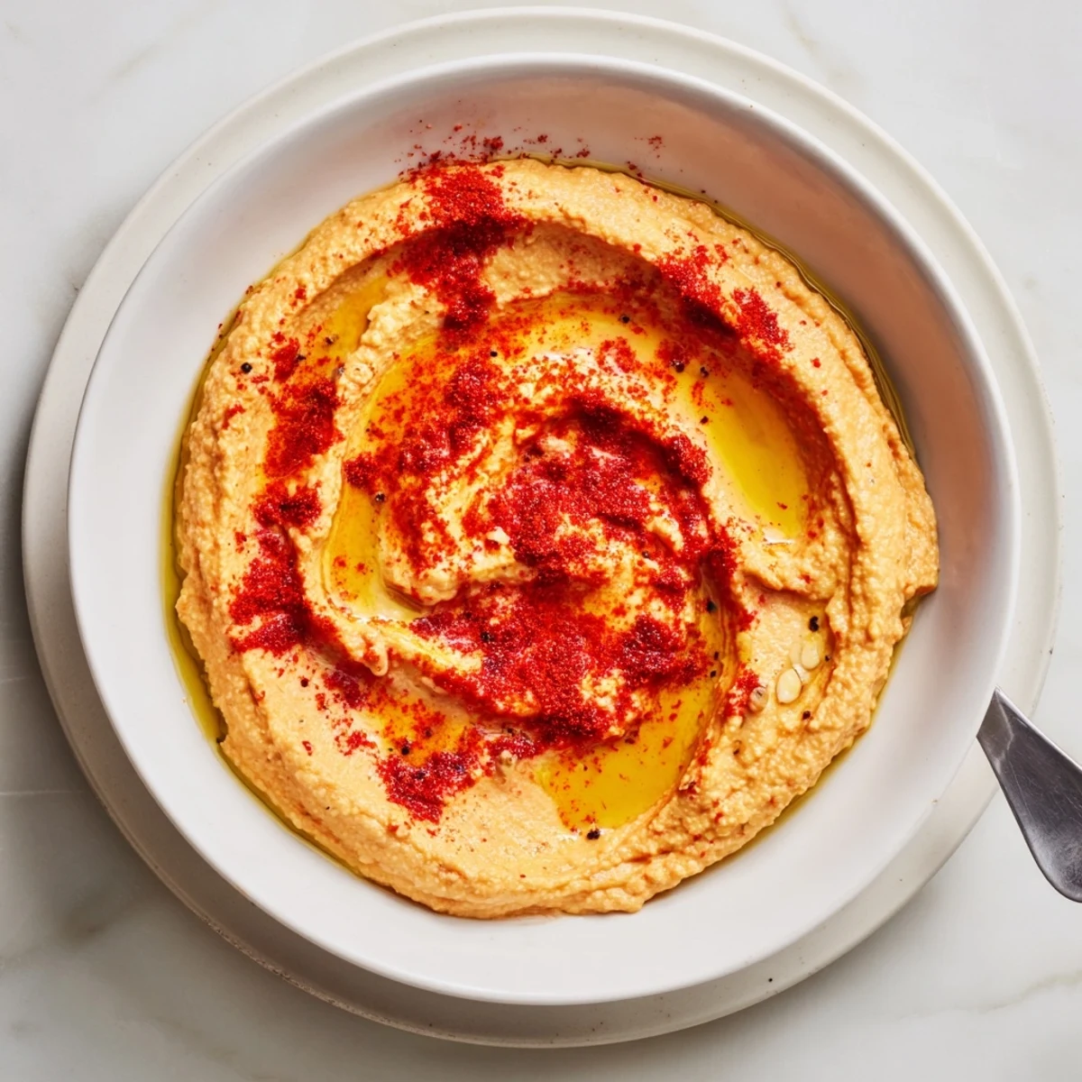 A vibrant dip of roasted red pepper hummus surrounded by pita chips, fresh veggies, and parsley on a wooden board.  
