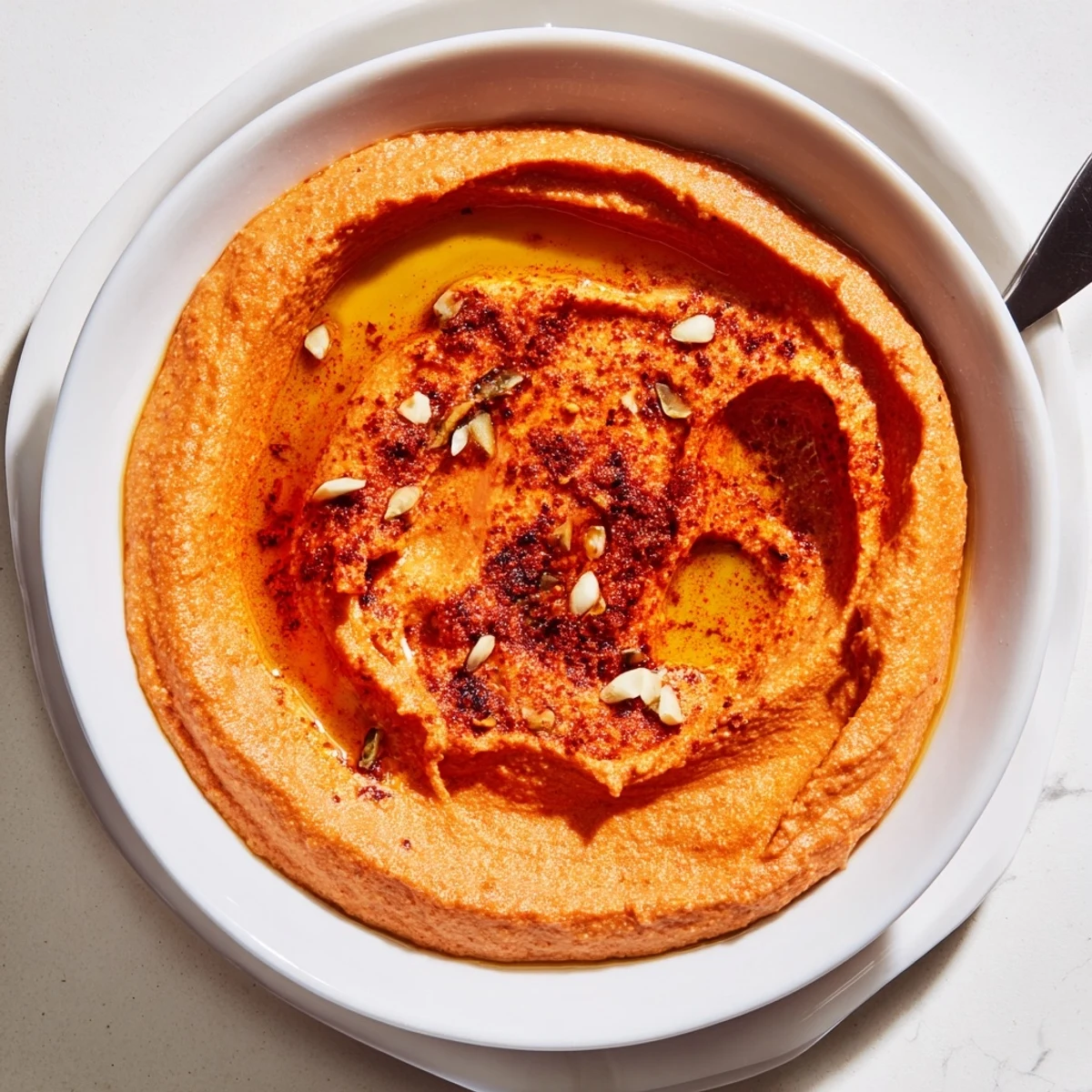 Smooth roasted red pepper hummus spread on toasted bread, topped with fresh herbs and a light olive oil drizzle.