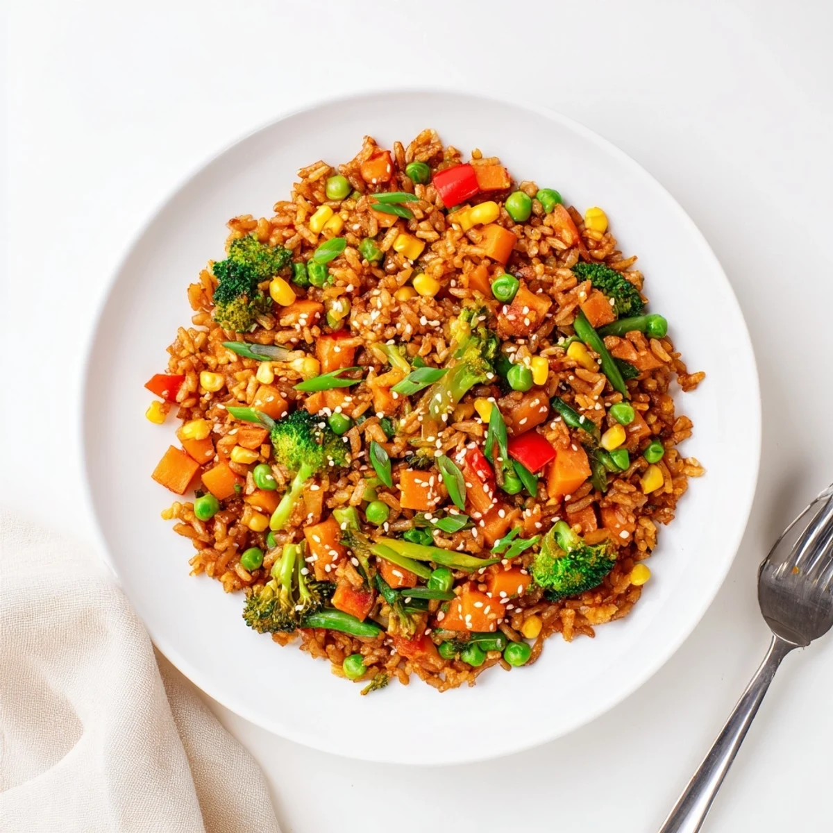 Colorful vegetable fried rice with carrots, peas, bell peppers, and broccoli in a skillet, garnished with green onions.  