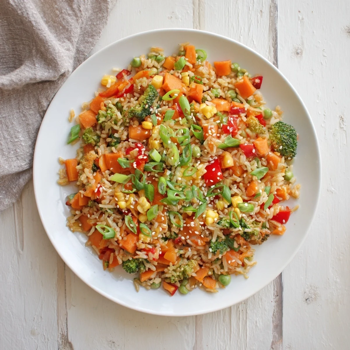 Serving suggestion for vegetable fried rice in a bowl, garnished with toasted sesame seeds and fresh green onions.