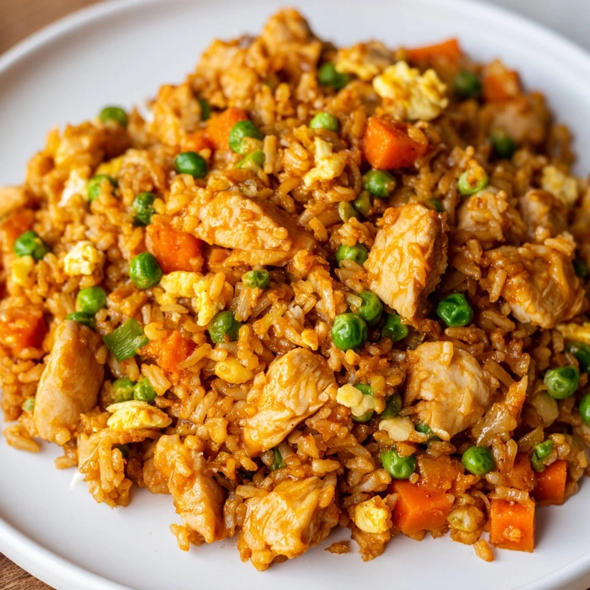 Steaming butter chicken fried rice served in a skillet, garnished with fresh green onions, ready for a quick weeknight dinner.