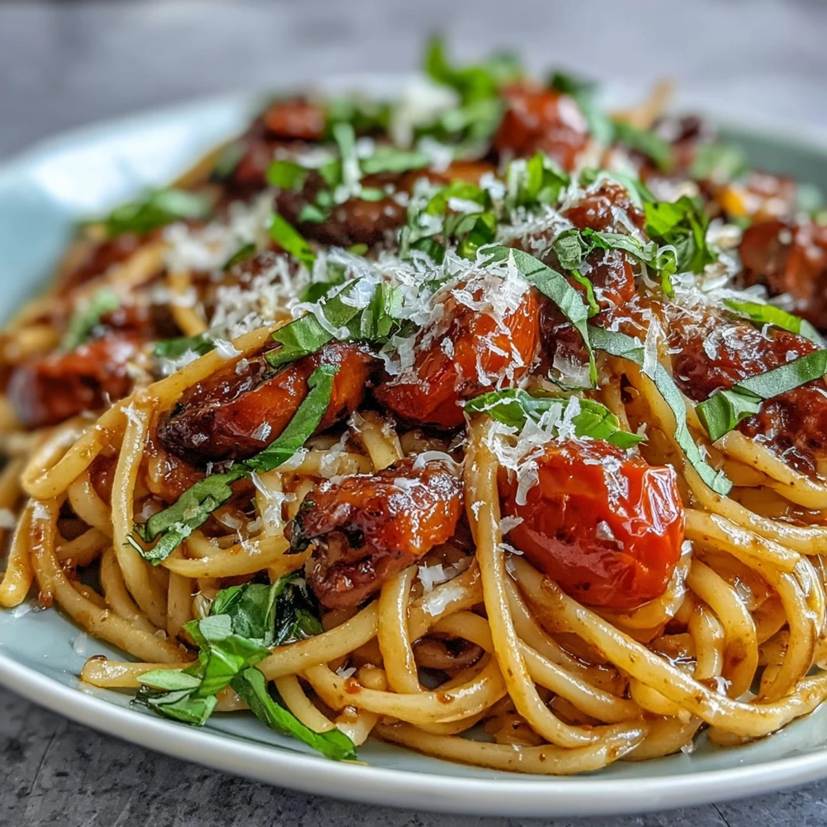 Vibrant plated Italian Drunken Noodles garnished with fresh basil, parsley, and lemon wedges, paired with a glass of red wine.