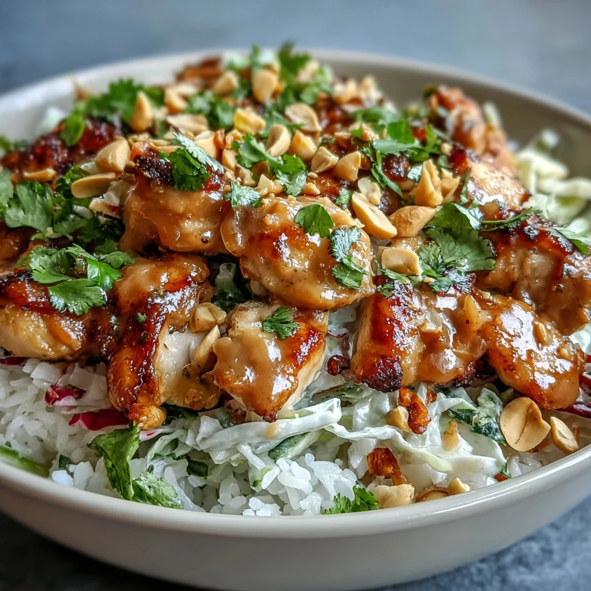 Close-up of a colorful Peanut Chicken Protein Bowl with tender chicken, shredded carrots, red cabbage, cilantro, and lime wedges for serving.