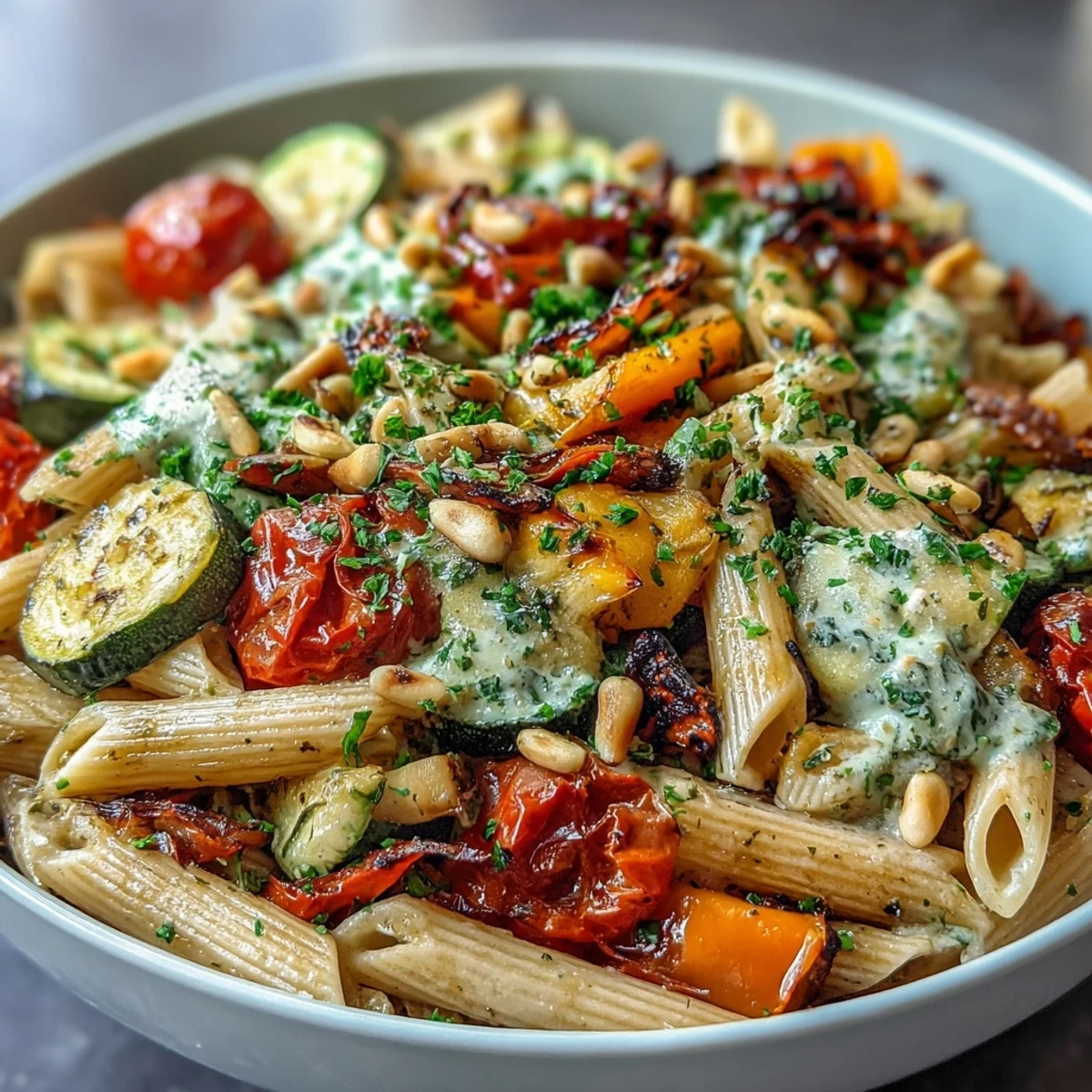 Creamy roasted vegetable and whole wheat pasta bowl topped with toasted pine nuts and fresh parsley.