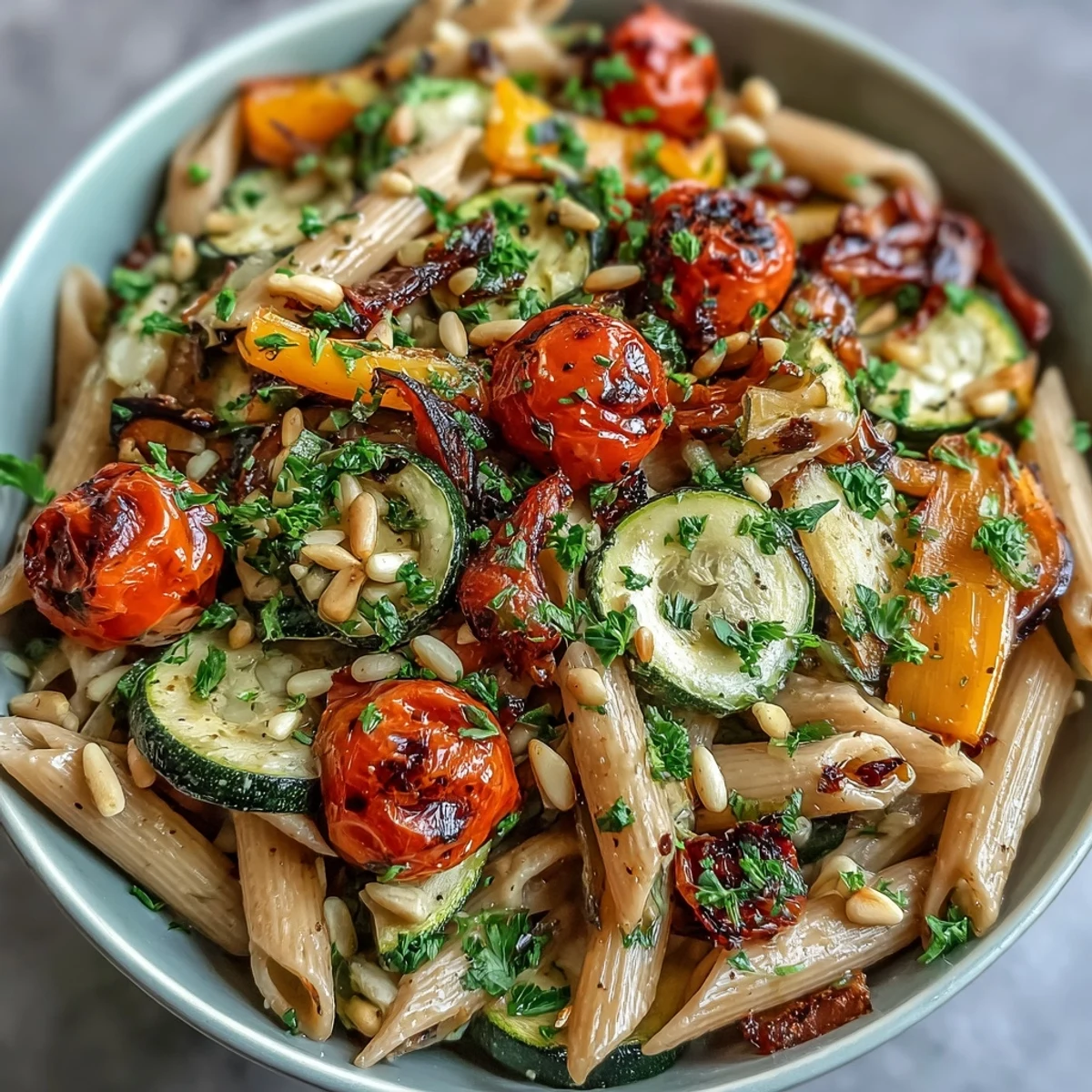 Hearty vegetarian whole wheat pasta bowl served warm with roasted cherry tomatoes and a drizzle of lemony sauce.