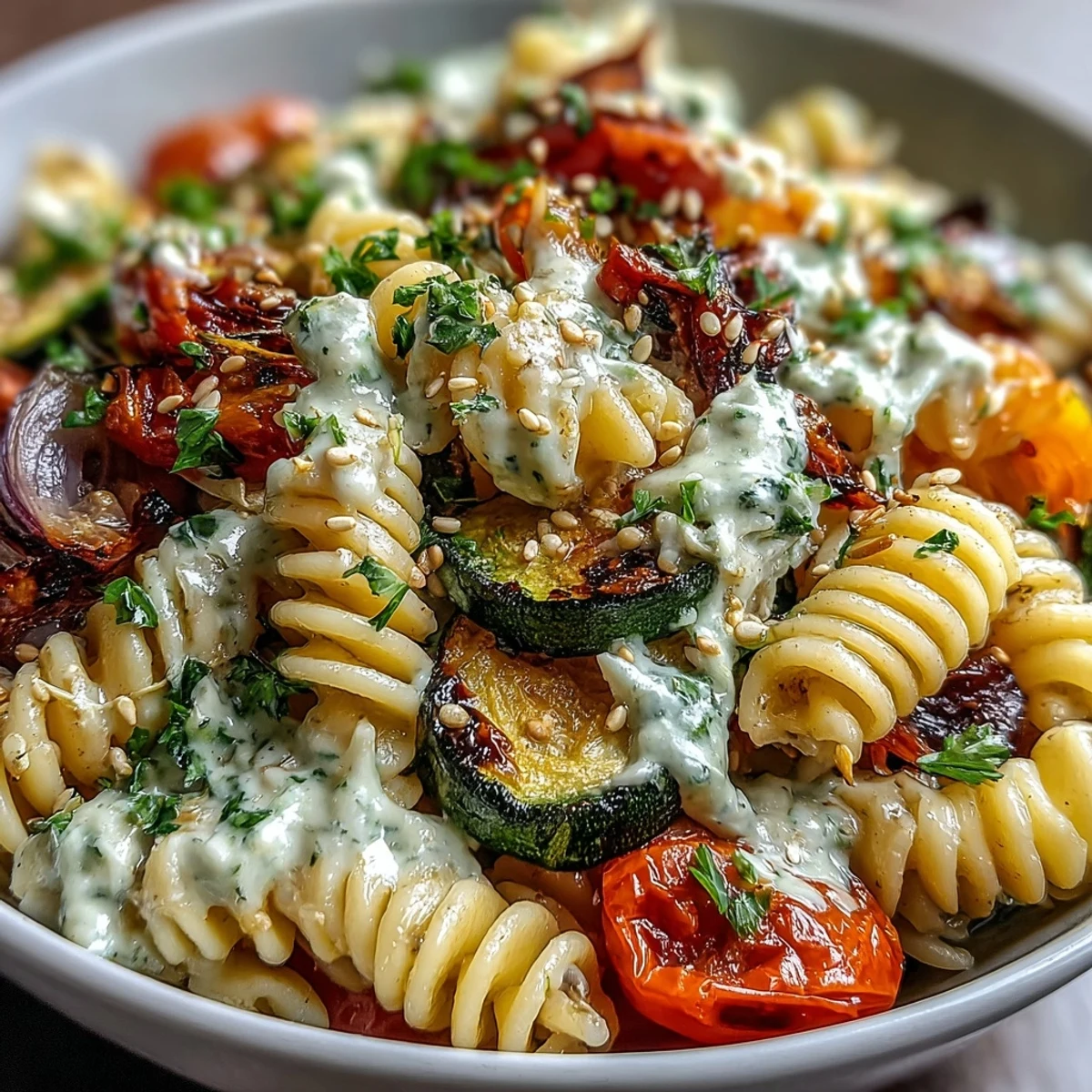 A close-up of a warm Chickpea Pasta Bowl featuring golden zucchini, bell peppers, and onion.