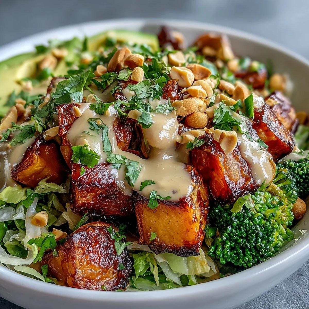 Colorful fresh vegetables and golden roasted sweet potatoes topped with a rich, savory Thai peanut dressing, ready to enjoy.