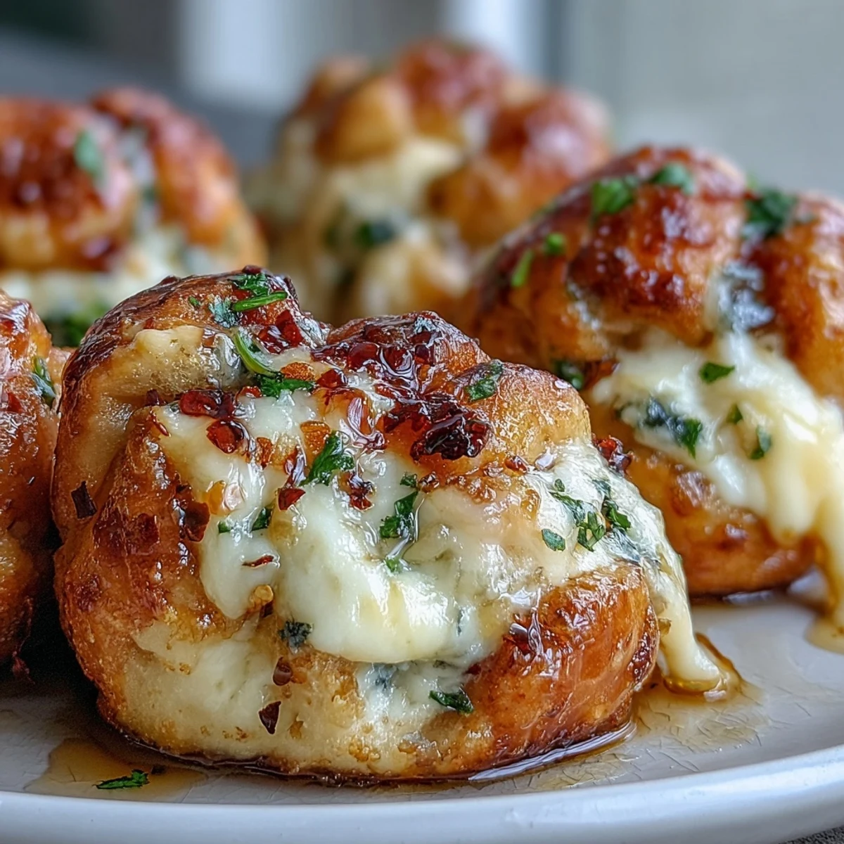 Warm Hot Honey Ricotta Stuffed Garlic Knots on a rustic plate, brushed with melted garlic butter. 