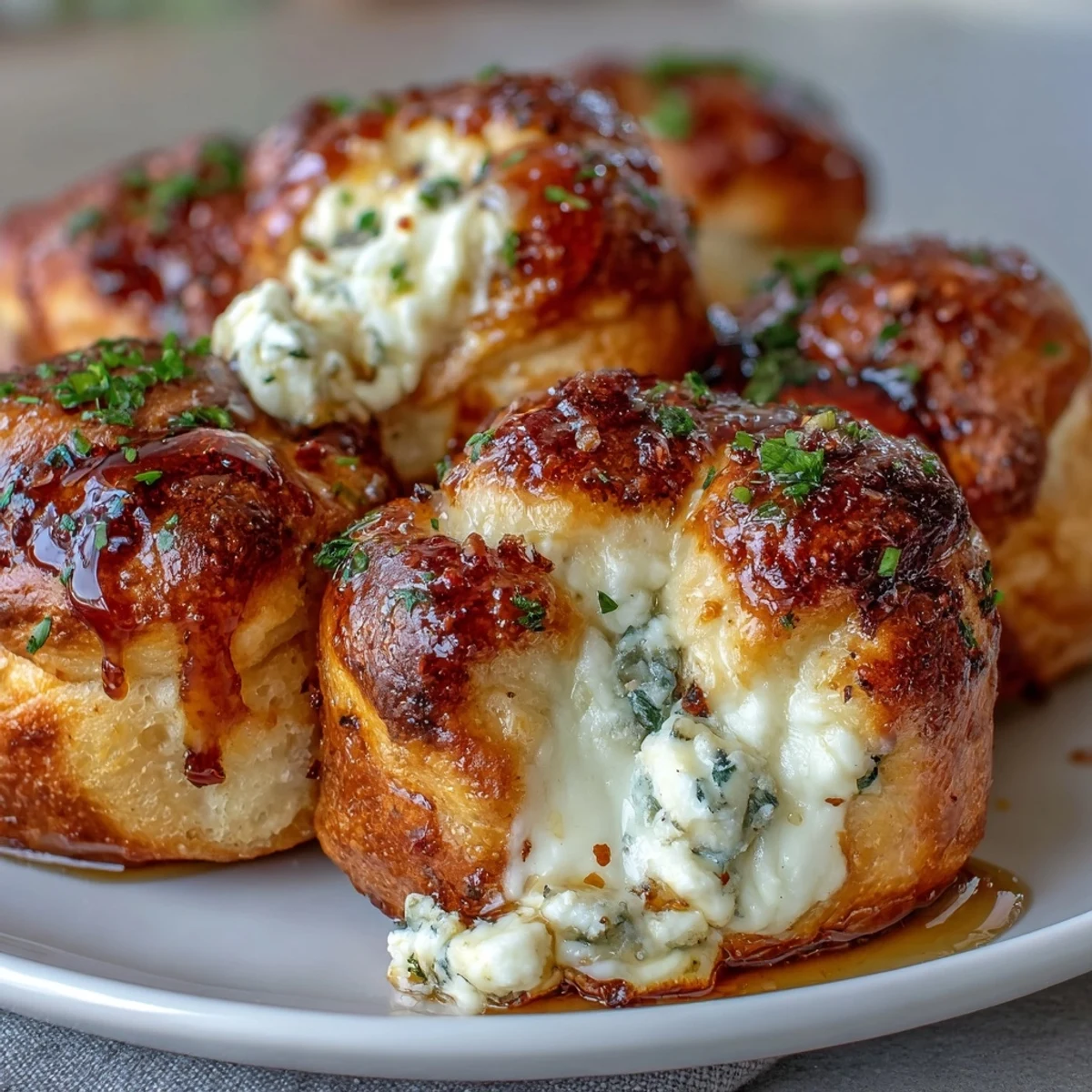 Bite into soft Hot Honey Ricotta Stuffed Garlic Knots revealing creamy ricotta filling and herbs.