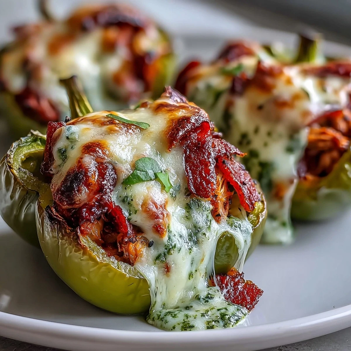 Golden, bubbling cheese tops each tender pepper half on a rustic tray.
