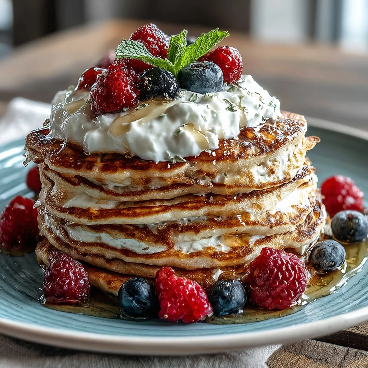Fluffy Berry Protein Pancakes with Greek Yogurt topped with fresh berries and honey on a white plate for a healthy breakfast.