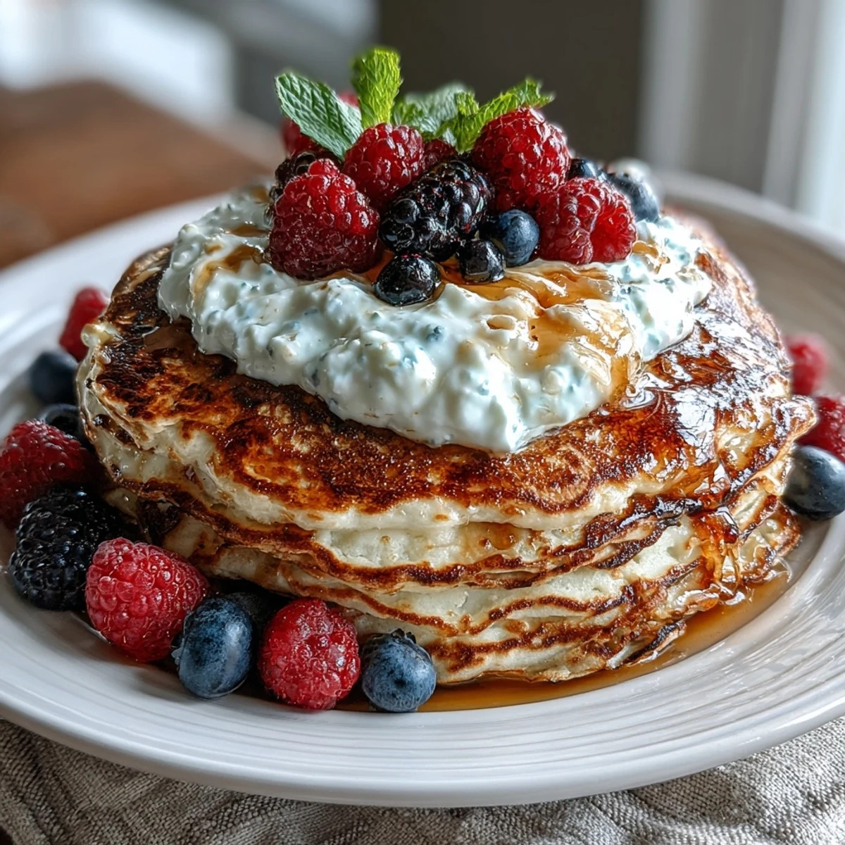 Close-up of warm Berry Protein Pancakes with Greek Yogurt and mixed berries, showing a soft, fluffy texture.