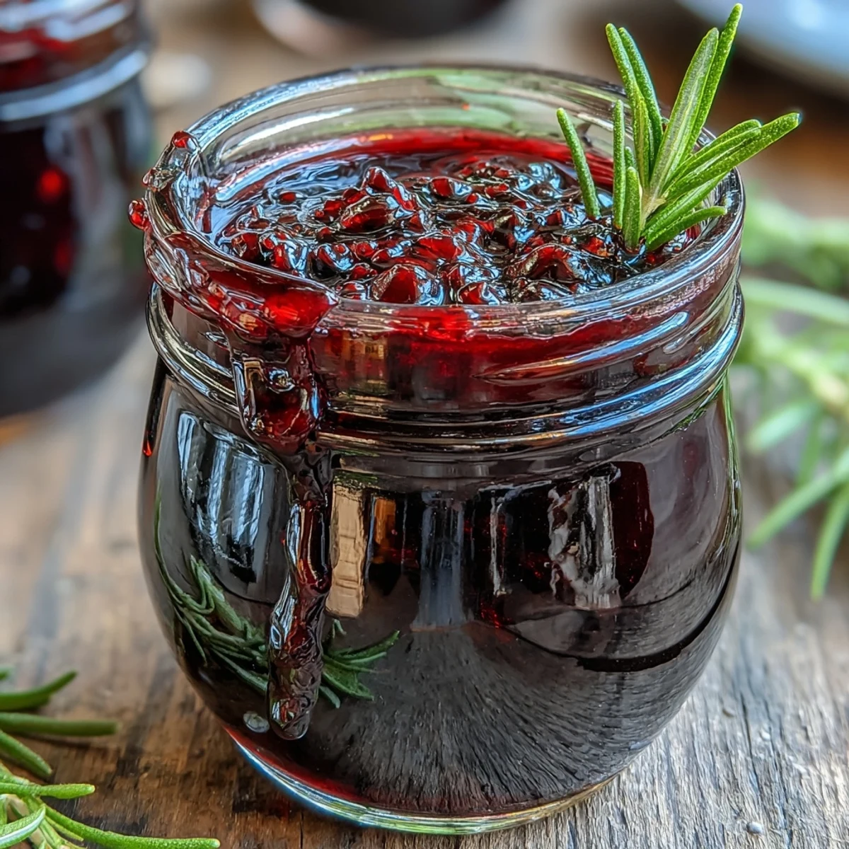 A bowl of Black Currant and Rosemary Reduction with a rich, deep purple hue and glistening texture next to fresh rosemary sprigs.