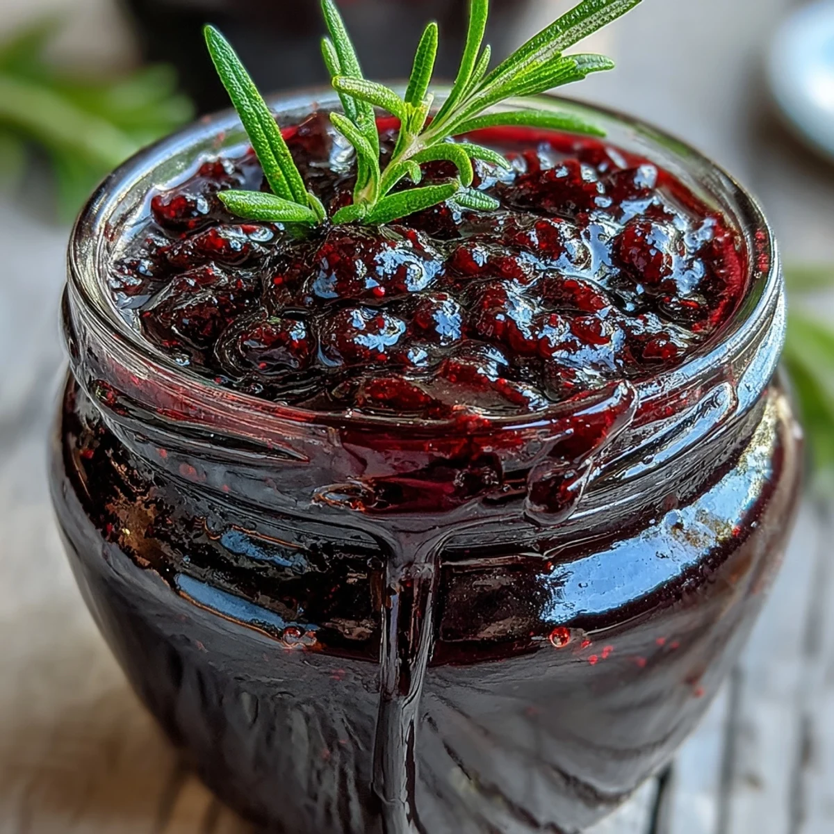 Spoon drizzling glossy Black Currant and Rosemary Reduction over roasted lamb chops on a rustic dinner plate.