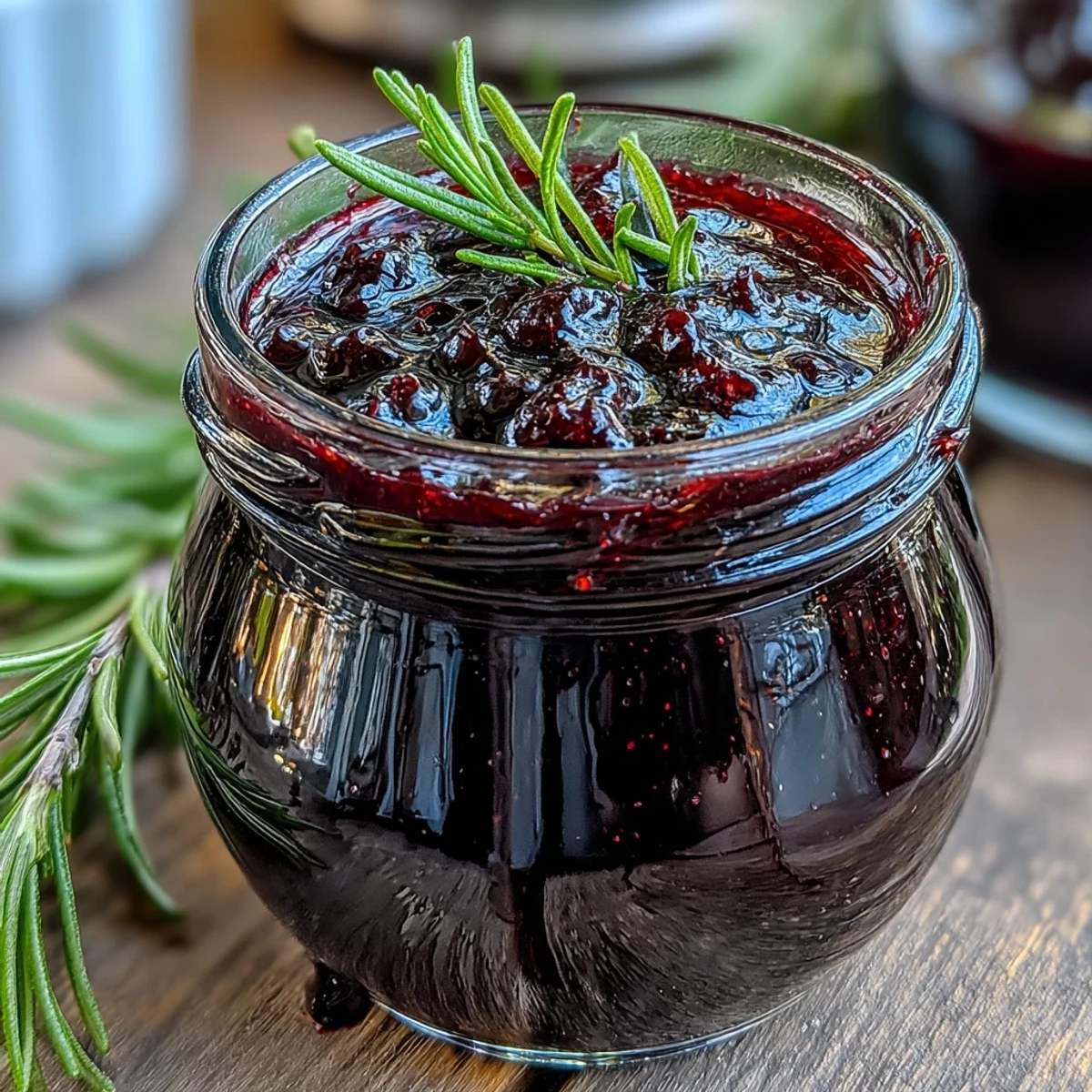 Deep purple Black Currant and Rosemary Reduction simmering in a saucepan with chopped shallots and aromatics.
