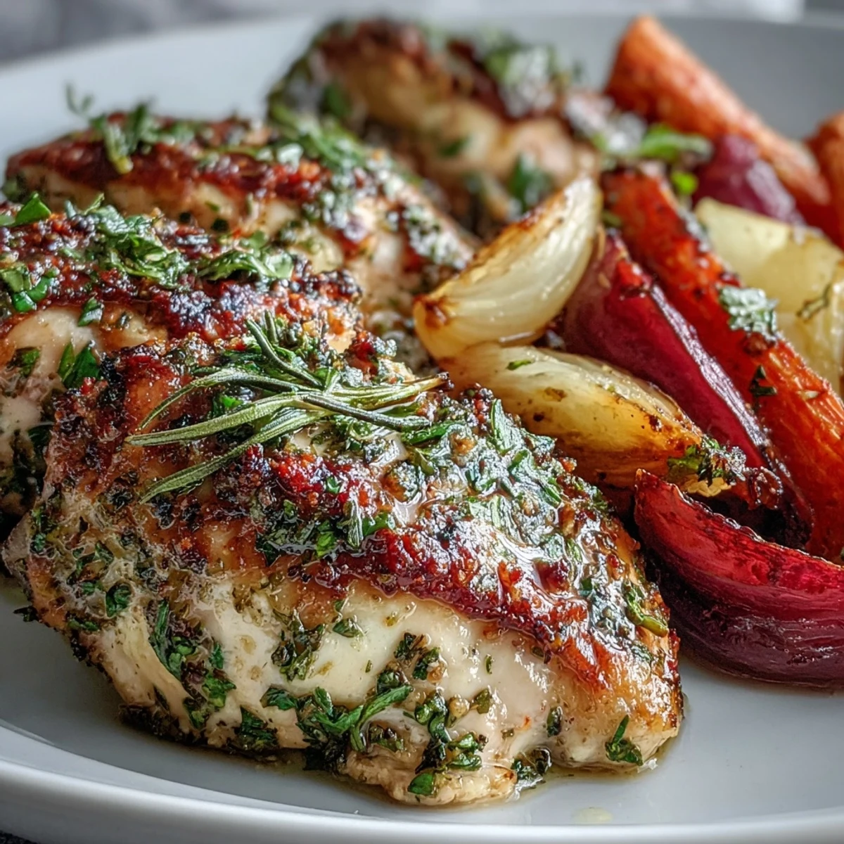 Golden-brown Sheet Pan Herb-Crusted Chicken with Root Vegetables roasted alongside colorful carrots and sweet potatoes, ready to serve.