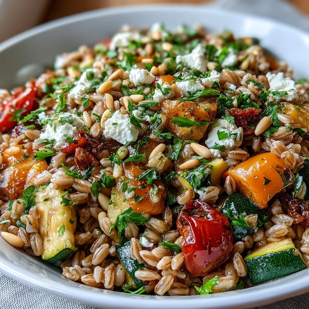 Nutty farro pasta mixed with sautéed vegetables and baby spinach, topped with crumbled feta and fresh parsley for a vibrant lunch or dinner.  
