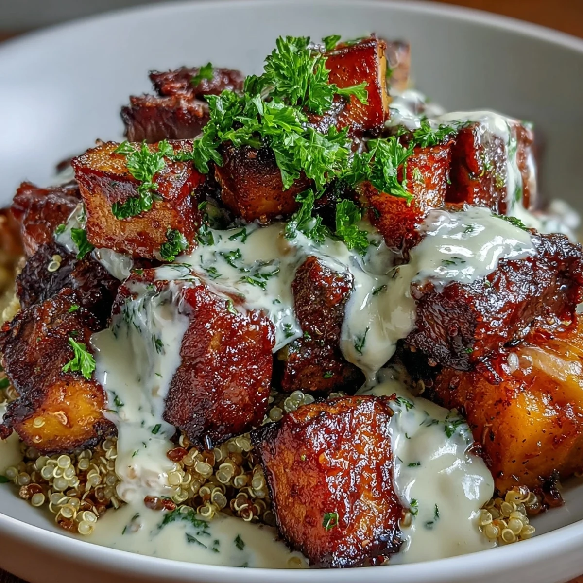 Hearty Savory Butternut Squash & Garlic Herb Steak Bowls with tender seared steak, roasted squash, and creamy garlic herb sauce over fluffy quinoa.  
