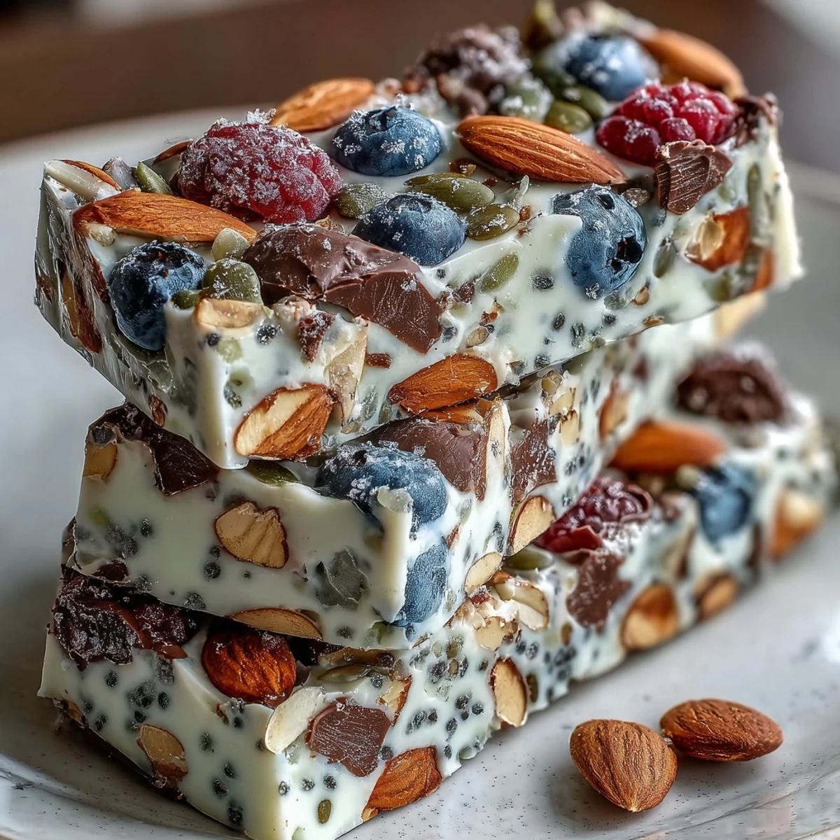 A colorful and nutritious frozen yogurt bark featuring Greek yogurt, mixed berries, and seeds, perfect for a quick high-protein breakfast or snack.