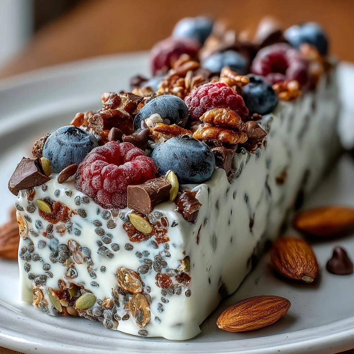 High-Protein Yogurt Breakfast Bark with Berries and Seeds, a creamy frozen treat layered with fresh berries, crunchy seeds, and a hint of vanilla.