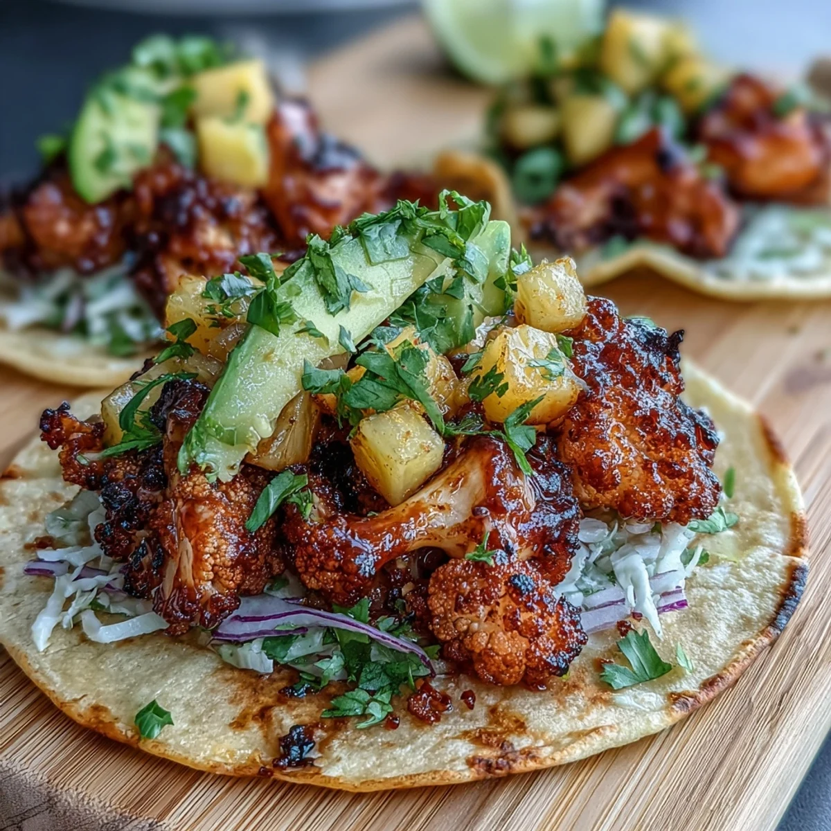 Plant-based BBQ cauliflower tacos with zesty pineapple salsa, red cabbage, and cilantro, perfect for a flavorful, colorful meal.