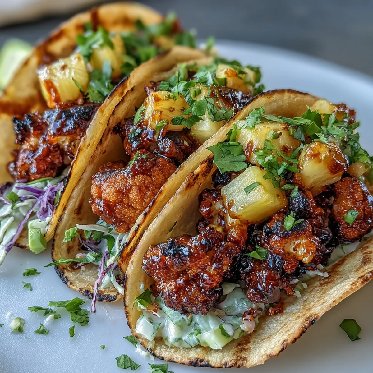 Crispy roasted cauliflower tossed in tangy BBQ sauce, topped with fresh pineapple salsa and sliced avocado for a vegan taco night.  